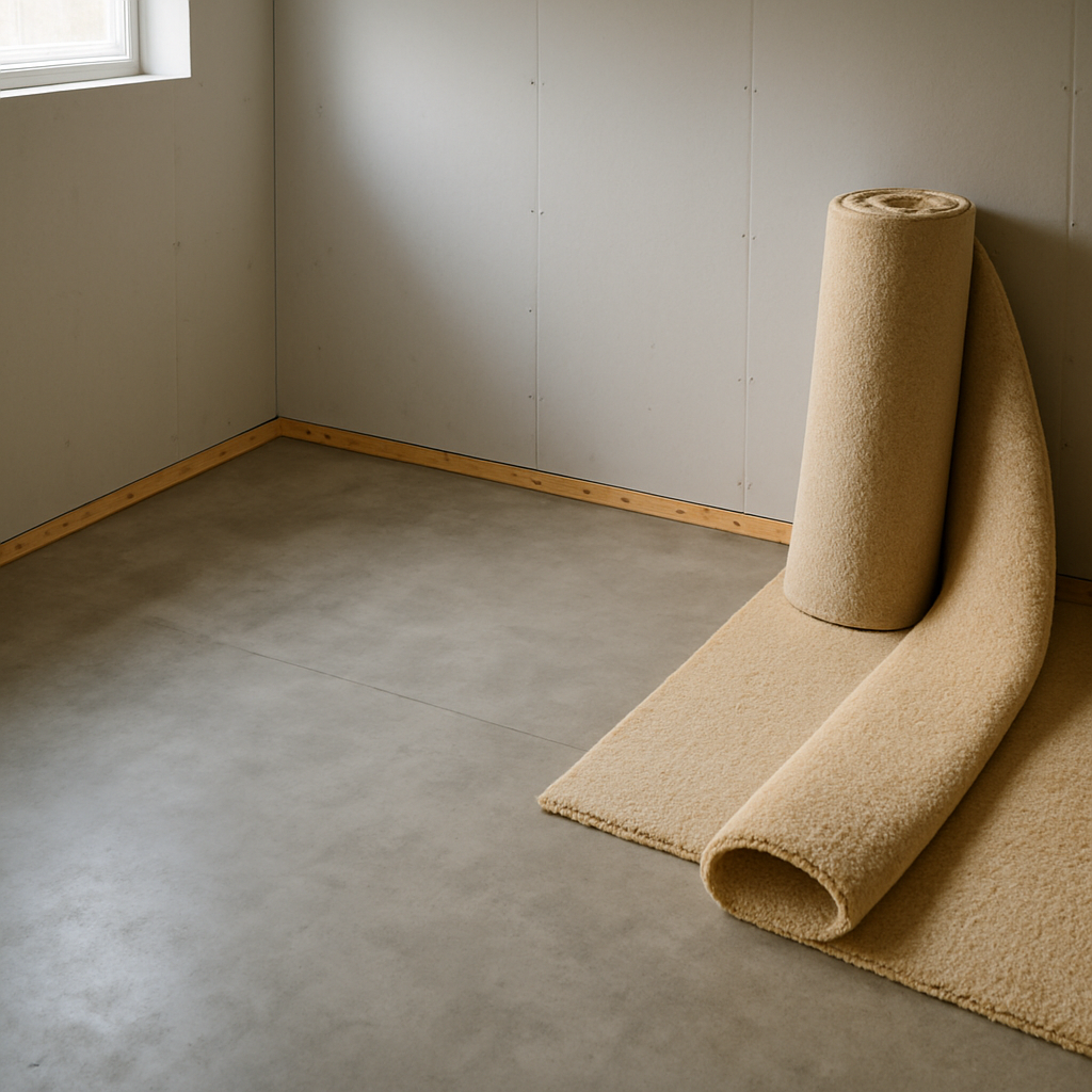 Basement room corner with concrete slab, tack strip, and partially unrolled beige carpet